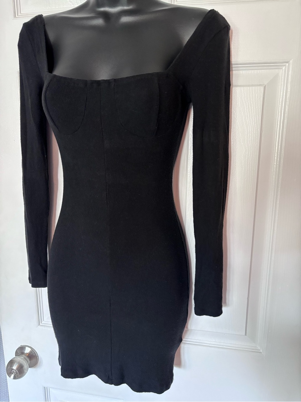 Princess Polly Black Ribbed Sweetheart Long Sleeve Mini Dress LBD 2